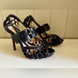L.A.M.B. Gwen Stefani Black Leather Caged Heels
